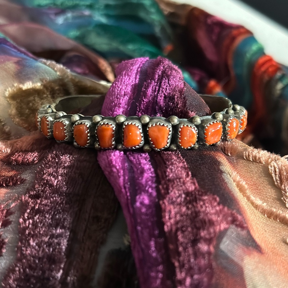 Vintage Navajo Coral Cuff Bracelet signed WM sterling silver Native American